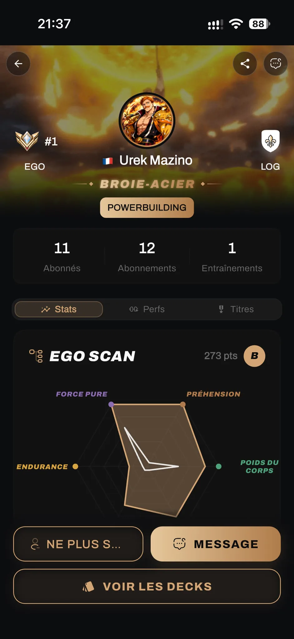 Profil d’un utilisateur dans l’app EGO, avec son Ego Scan en radar.